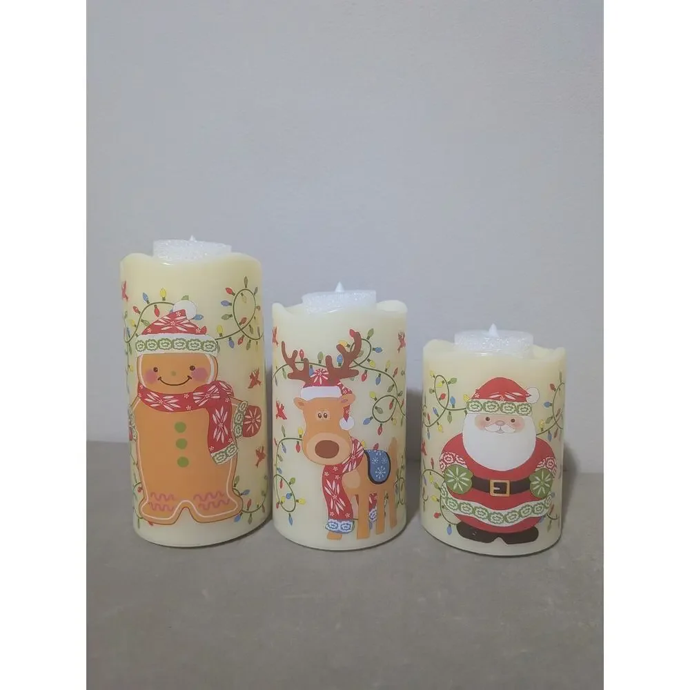 Temp-tations Set of 3 Christmas Flameless LED Wax Pillar Candles Santa Reindeer